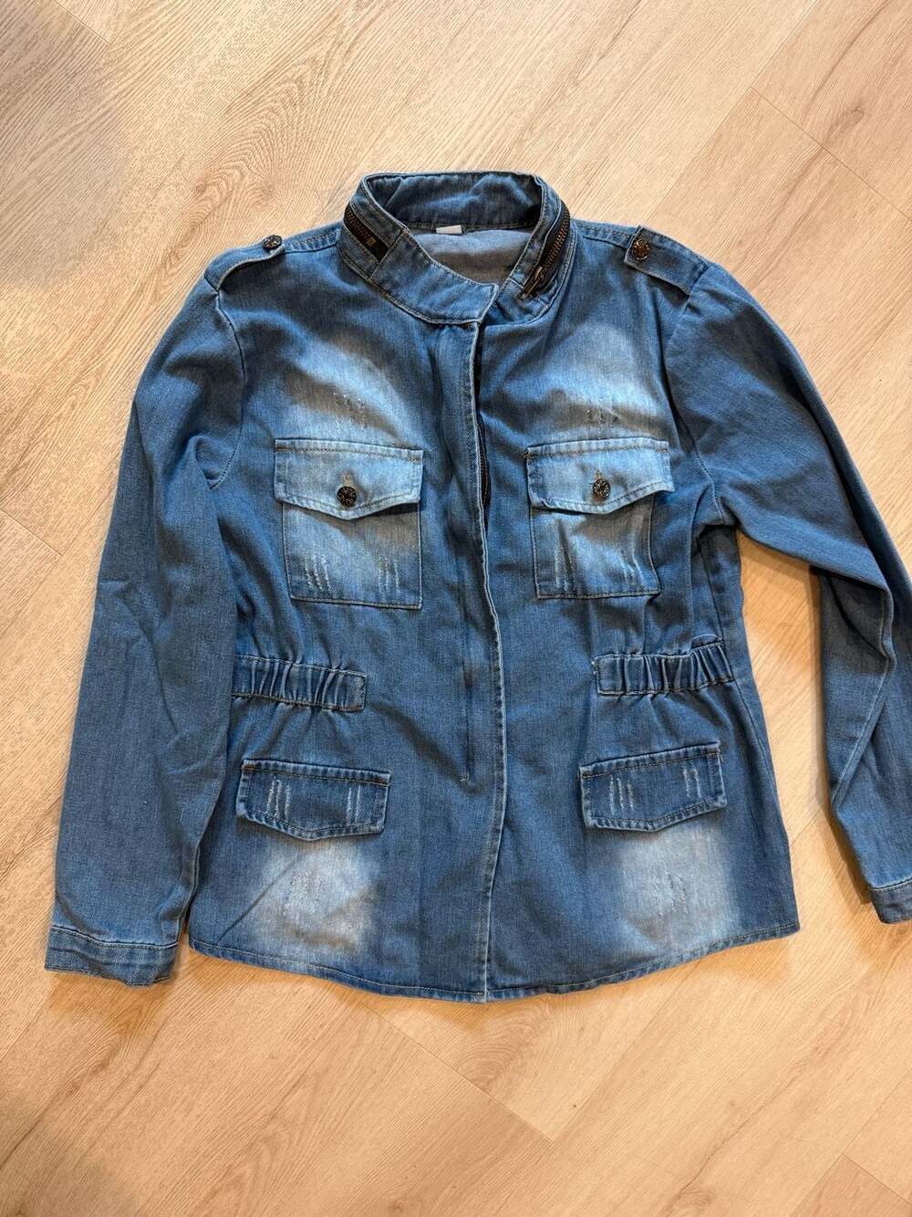Denim Jacket Size S Stand Collar Utility Multi-Pocket